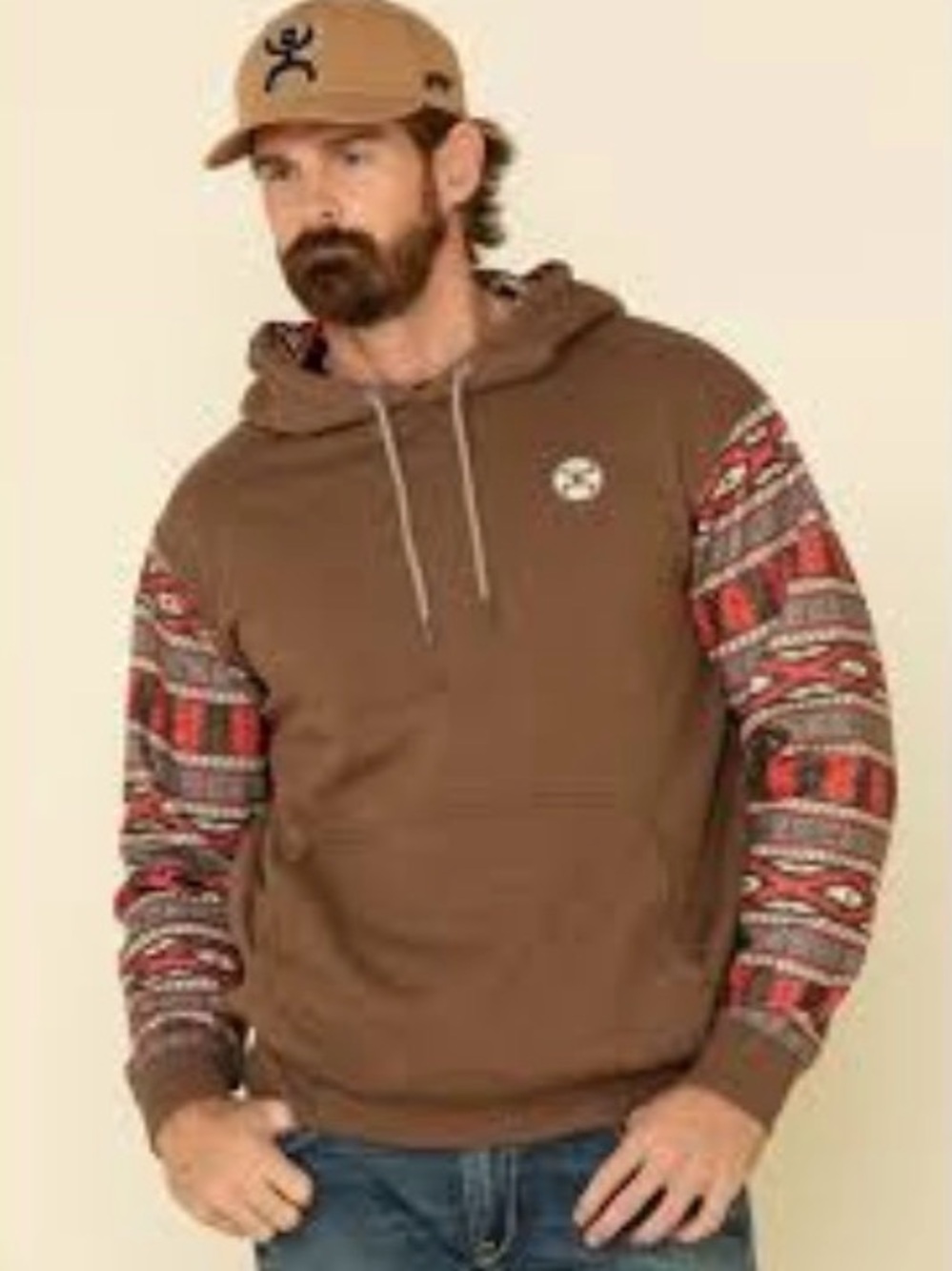Hooey Brown Hoodie with Red Patterned Sleeves